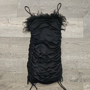 Black Ruched Feather Trim Dress